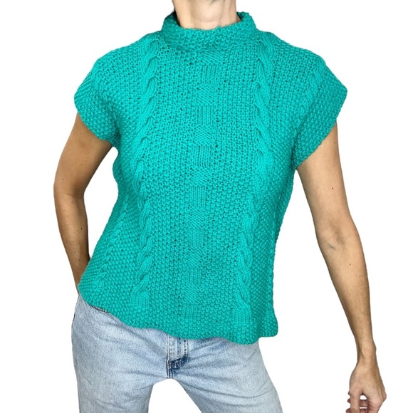 Hand knit turquoise boxy side slit mock neck short sleeve sweater - Picture 3 of 10